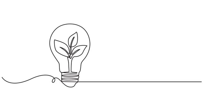 Light bulb with leaves one line art animation, Animated self drawing of single continuous line draw lightbulb with green natural leaf for company logo label. Green power innovation logotype symbol