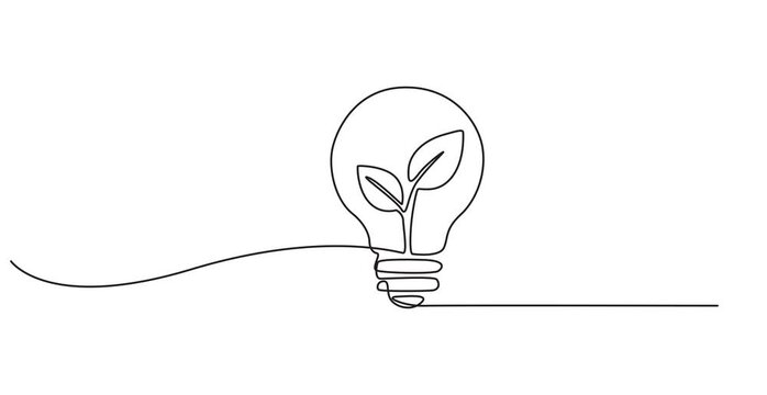 Light bulb with leaves one line art animation, Animated self drawing of single continuous line draw lightbulb with green natural leaf for company logo label. Green power innovation logotype symbol