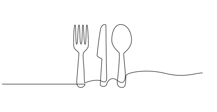 Video. Fork, knife and spoons. Continuous single line cutlery pattern for logos, business cards, banners. Animation on white background. 4K. Full length one line animation. 4K, Restaurant concept.pro 