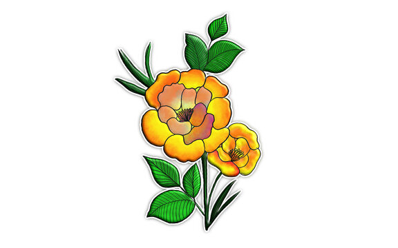 Vintage hand drawn yellow rose branch and line art outline