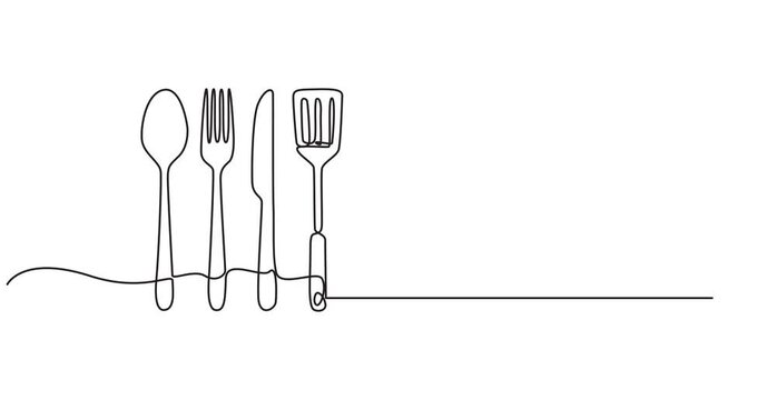 Video. Fork, knife and spoons. Continuous single line cutlery pattern for logos, business cards, banners. Animation on white background. 4K. Full length one line animation. 4K, Restaurant concept.pro 