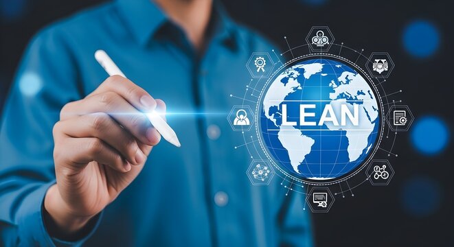 A person's hand holding a glowing pen pointing at a holographic globe with "LEAN" text and business icons, representing global lean management.