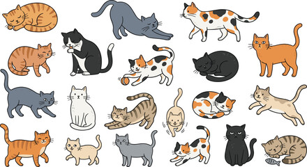 Fototapeta premium Large Set of Cute Cartoon Cats in Different Colors and Poses Walking Playing Sleeping and Stretching Design