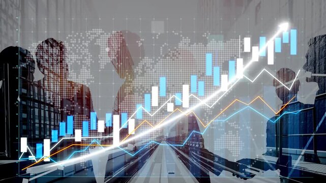 An abstract representation of business growth shows diverse professionals collaborating in a modern urban setting, highlighting charts and trends in finance and strategy. Copula