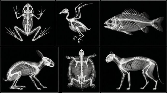 Composite Collection of Multiple Animal Xray Skeletons on Black Background