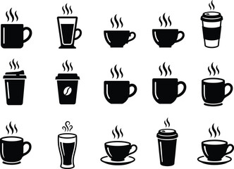 Obraz premium Set of various black coffee cup icons, hot beverage silhouettes for cafe menu design,
