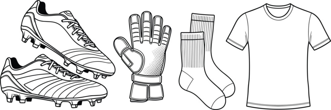 Soccer uniform apparel vector line icon set with football boots goalie glove long socks and blank jersey tshirt