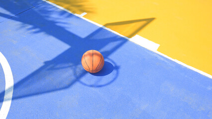 Basketball on vibrant blue and yellow outdoor court with hoop shadow. sports field background in minimal style. © Prapat
