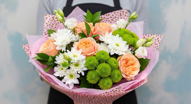 Florist Holding a Colorful Bouquet of Peach Roses White Chrysanthemums and Green Santini in Pink Paper Wrap