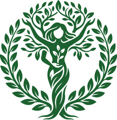 Fototapeta premium Eco-friendly female logo icon, green leaves woman silhouette vector, nature goddess symbol, organic beauty brand mark, herbal health identity, forest mother illustration, environmental conservation si