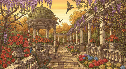 Obraz premium Ornate classical garden terrace with marble gazebo, blooming wisteria, roses, and peacocks at sunset.