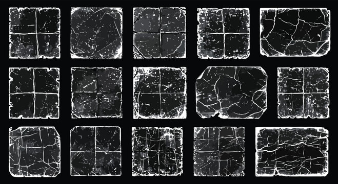 Collection of Vintage Grunge Distressed Square and Rectangle Frames with Cracked Texture, Worn Edges and Retro Overlay Design Elements