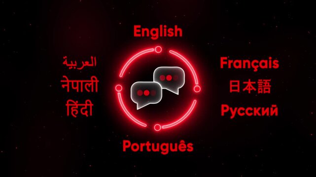 Global communication concept with multilingual language and neon circular interface