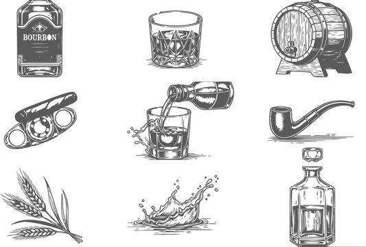 Engraving elements of bourbon bottle cigar pipe barrel and wheat sprigs during a refined leisure moment
