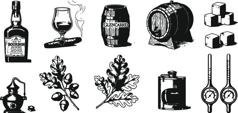 Engraving elements for whisky production including a bottle glass cigar barrel oak leaves alembic and thermometers for beverage concepts