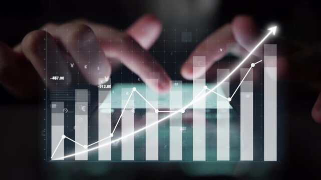 Digital tablet displaying a financial growth graph with data analytics. Hands interacting with digital information in a modern workspace environment. Ideal for business themes. Copula