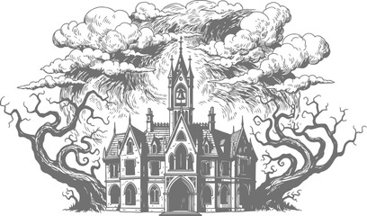 Naklejka premium Gothic manor house surrounded by gnarled trees under stormy skies in classic engraving style