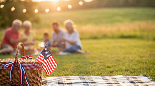 Family picnic on grass with American flag celebrating 4th July  