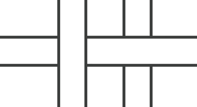Black linear grid pattern forming rectangular compartments of varying sizes on a stark white background for architectural layouts.
