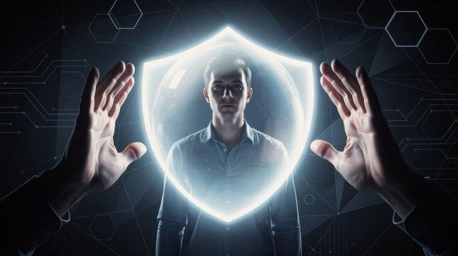 Man Protected Inside Glowing Shield, Supported by Hands