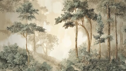 Obraz premium Vintage illustration with trees on a grunge background. Design for wallpaper, photo wallpaper, frescoes, wall painting and other works.