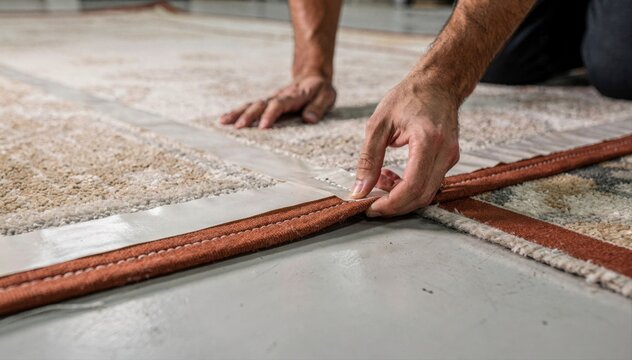 Medium shot capturing use of wide tape on rug edges showing careful alignment and secure serging to reinforce edges with a bold wide fabric border.