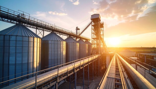 Industrial grain silos at sunset