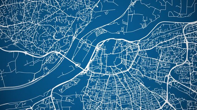Ink reveal animation of Avignon, Vaucluse, Provence-Alpes-C&ocirc;te d'Azur, France grid map. Aerial top view. Blueprint style. White lines with blue background. 4K Seamless loop.