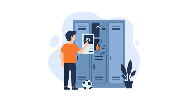 Athlete interacting with a digital locker unit while standing next to a soccer ball on a light blue background for training facilities.