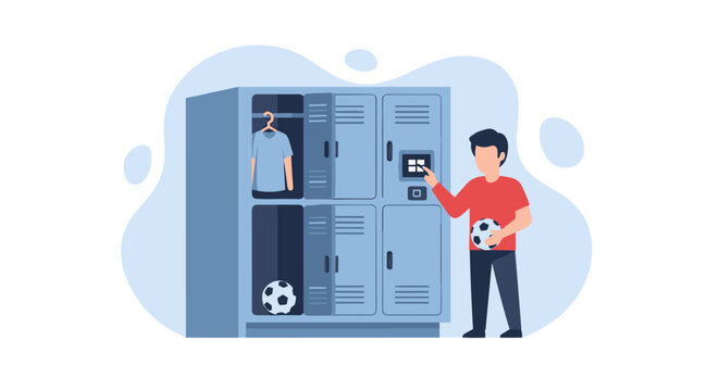 Participant holding a soccer ball while touching a digital locker screen with an open compartment showing clothing on blue background.