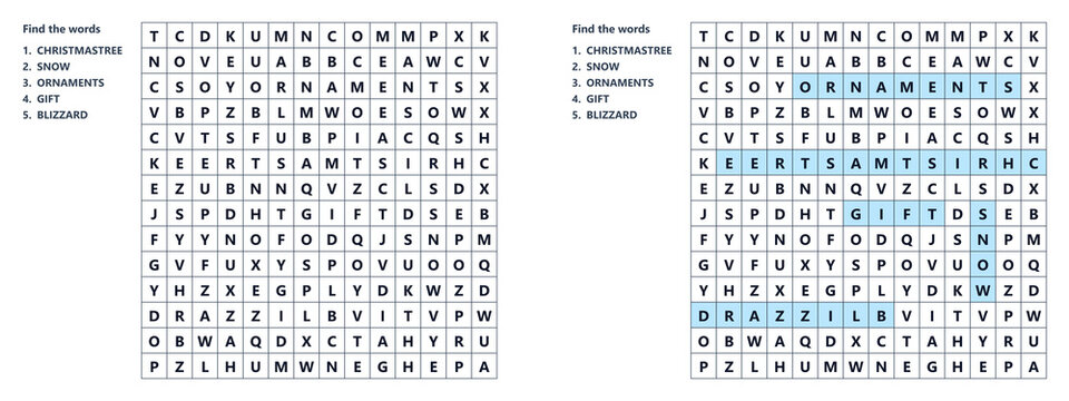 Word search  puzzle featuring highlighted words in grid layout  