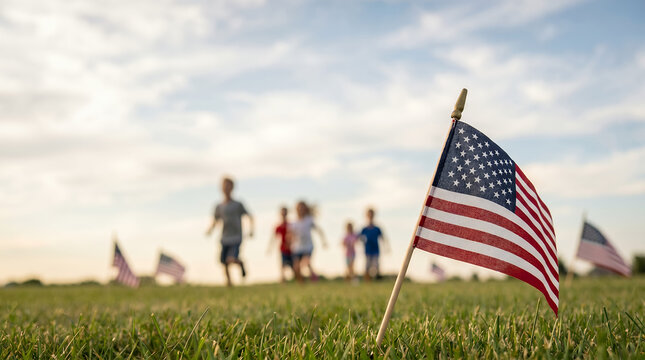 Children playing on grass field with American flag for 4th July  