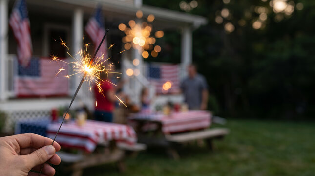 Hand holding sparkler at outdoor 4th July celebration party  