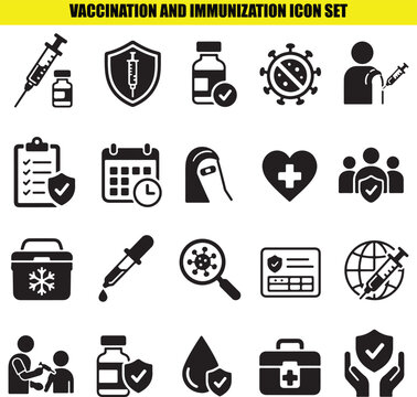 Vaccination and immunization icon set featuring medical syringe vaccine vial virus and shield symbol.