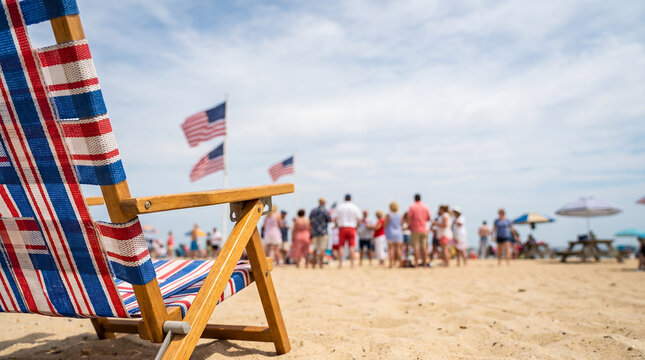Beach scene with striped chair and group celebrating 4th July  