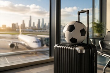 Soccer ball on luggage at airport terminal with view of airplane on runway. Travel concept for global sports tournament. International championship trip, summer vacation, departure