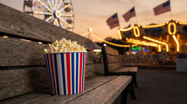 Bucket of popcorn on bench at amusement park during 4th July evening  