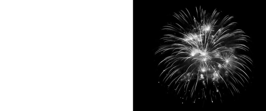 Monochrome fireworks explosion on black background, white firework burst with alpha channel mask, festive pyrotechnic display for design compositing