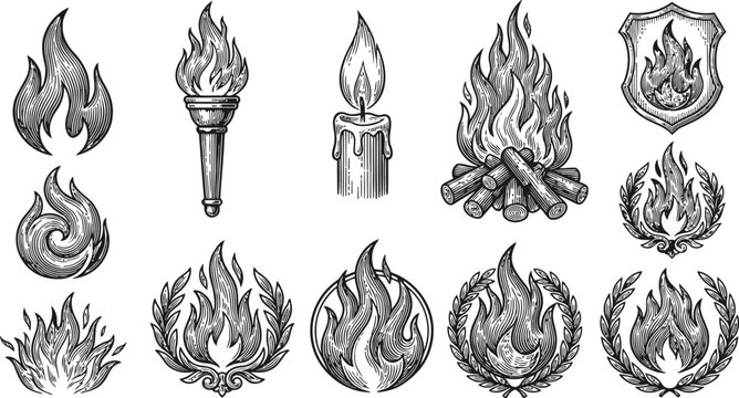 Collection of fire motifs in engraving style with various forms including flames torches and candles for decorative emblems and design elements
