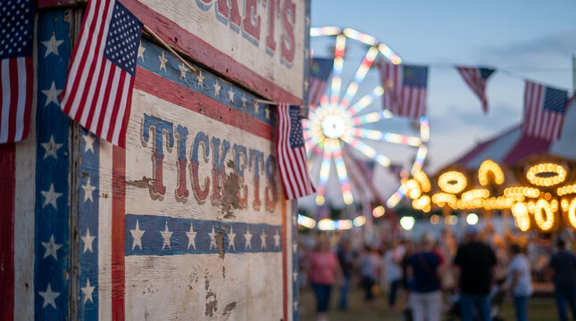 Ticket booth decorated with American flags at 4th July fair  