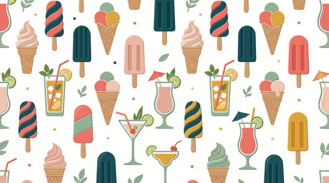 Vibrant and delightful seamless summer pattern featuring an assortment of refreshing ice creams, popsicles, and fruity cocktails, perfect for cheerful seasonal designs and backgrounds