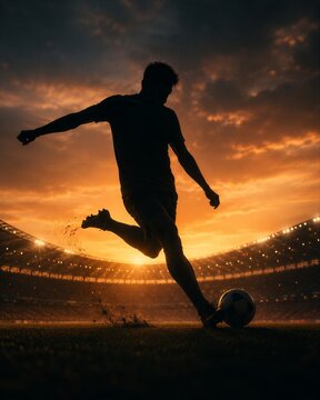 Silhouette of a soccer player kicking ball on stadium field at sunset. Athlete practicing sport during match. Dynamic action concept for summer sports championship 2026 event promotion