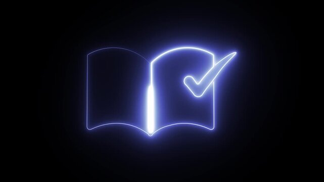 Neon blue continuous line art animation of an open book with a glowing check mark, representing success, correct answer, and smart learning.