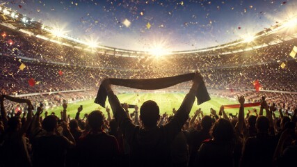 Naklejka premium Soccer fan holding scarf high in crowded stadium during exciting match. Spectator cheering for home team at championship tournament. Celebration with golden confetti and stadium floodlights
