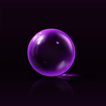 Realistic 3D purple glass ball with glares effect, vector volume lilac crystal bubble transparent sphere with shadow