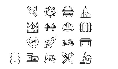 Diverse linear icons collection satellite virus basket church bridge and transportation symbols © Alamin