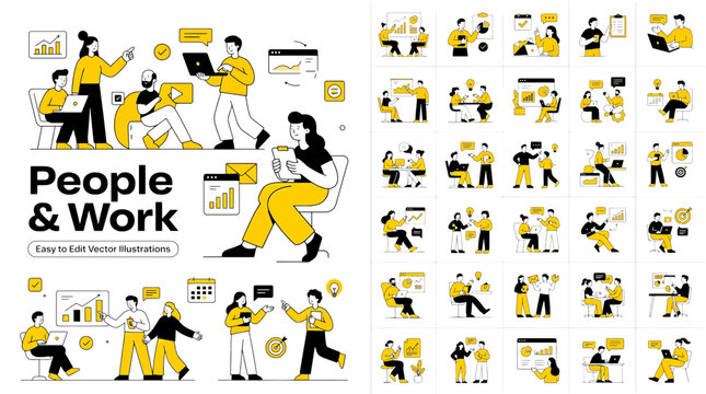 Set of people and work vector illustrations collection of business characters working, collaborating, presenting, and analyzing data in office environment modern flat design style for web and mobile a