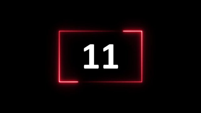 Neon Rectangle countdown timer from 13 second animation on black background with alpha channel, 13 second countdown timer.