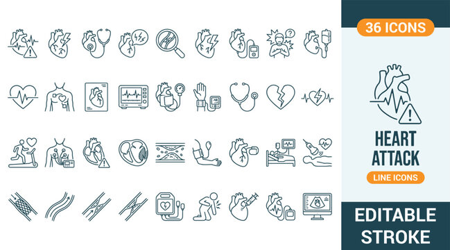Heart attack and cardiology line icons set. Vector illustration of cardiac disease, blood vessel blockage, medical diagnosis, emergency healthcare elements, editable stroke.