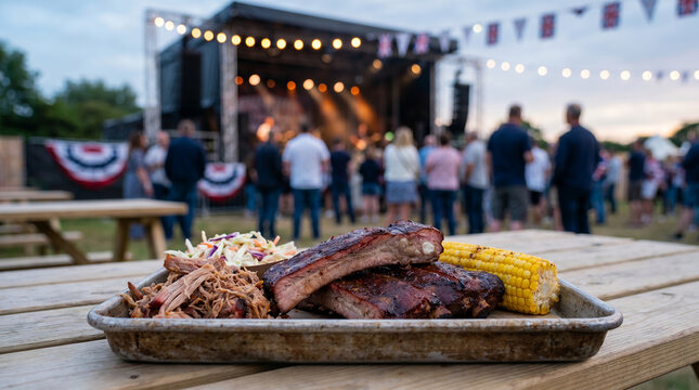 Barbecue platter with ribs, corn, and slaw at outdoor concert for 4th July  